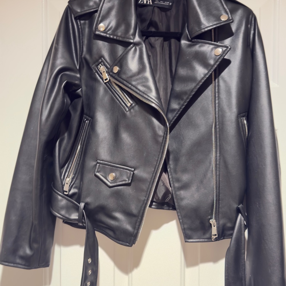 Zara Black Faux Leather Biker Jacket with Zip and Belt Details